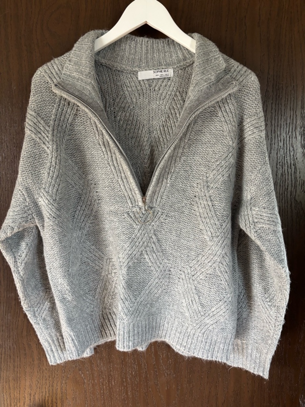 Sophie Rue Light Gray Cable-Knit Half-Zip Turtleneck Sweater